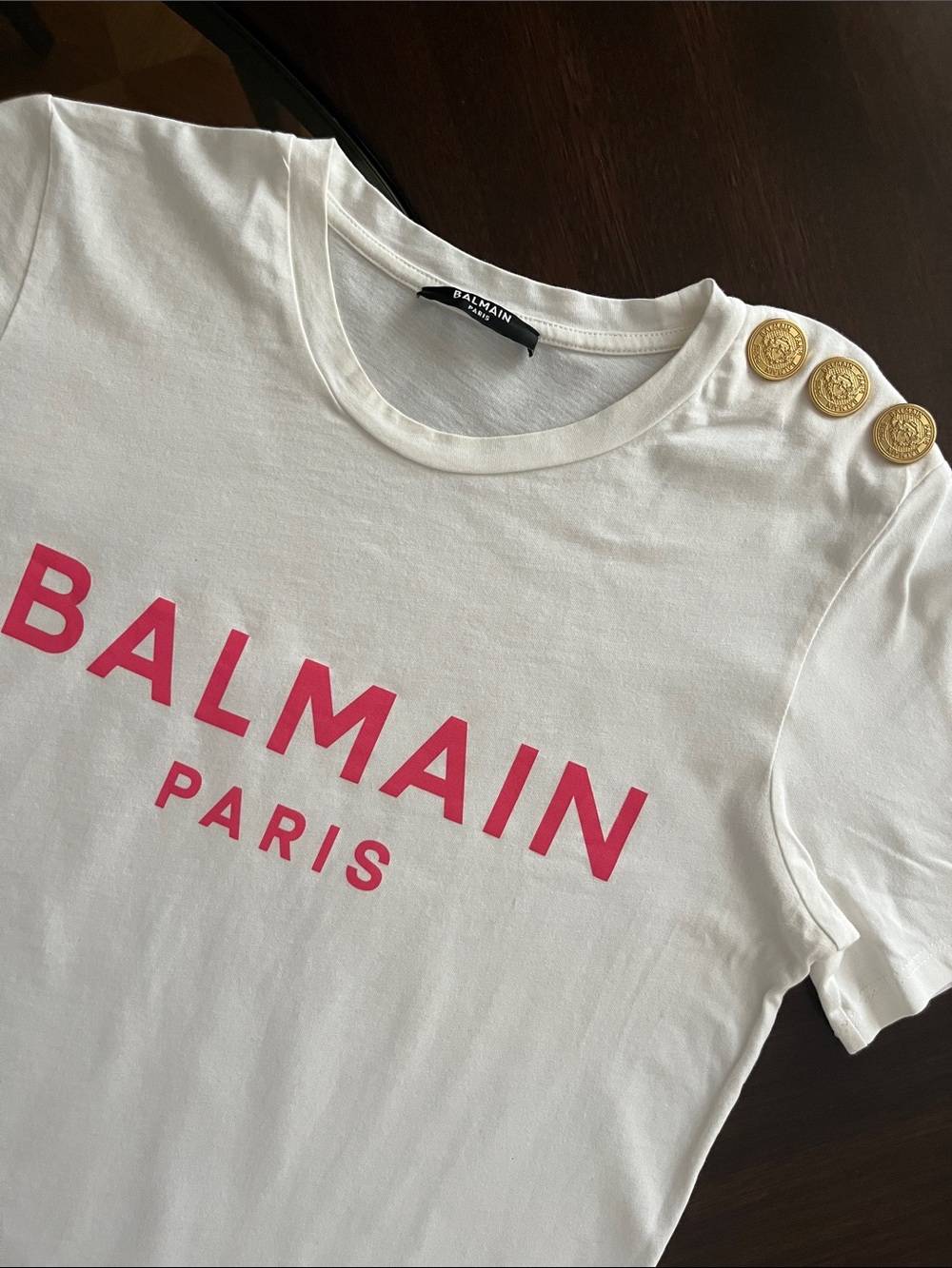 Balmain White Tee with Pink Logo and Gold Buttons